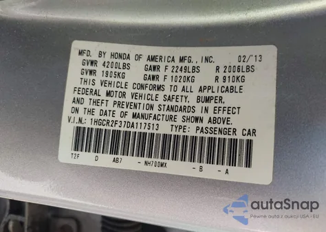 2013 Honda Accord Lx из США, поврежденный, VIN 1HGCR2F37DA117513